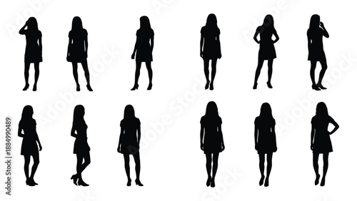 Silhouettes of women in various poses isolated on white background, Vector
