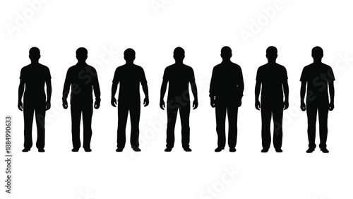 Silhouettes of seven men isolated on white background, Vector