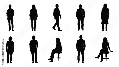 Silhouettes of people in various poses isolated on white background, Vector