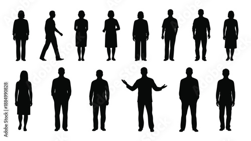 Silhouettes of people in various poses isolated on white background, Vector