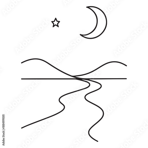 Minimalist Night Landscape with Moon, Star, and Wavy River Reflection