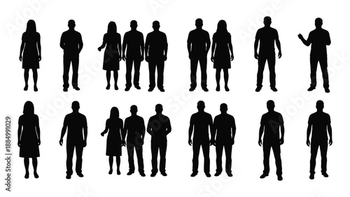 Silhouettes of people in various poses isolated on white background, Vector