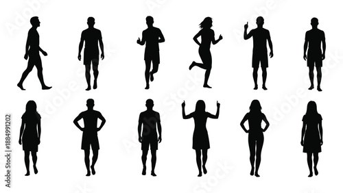 Silhouettes of people in various poses isolated on white background, Vector