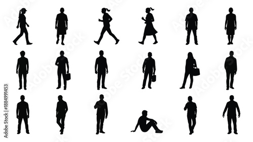 Various silhouettes of people in different poses isolated on white background, Vector