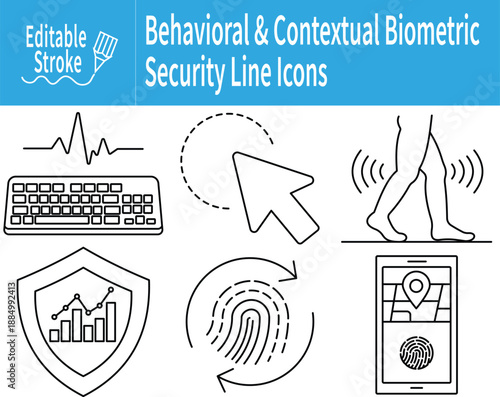 Behavioral and Contextual Biometric Authentication Line Icon Sheet for User Verification, Continuous Identity Monitoring, Fraud Detection, and Adaptive Security Systems