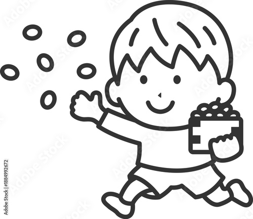 豆まきをする、男の子のアイコン（線画）のイラスト