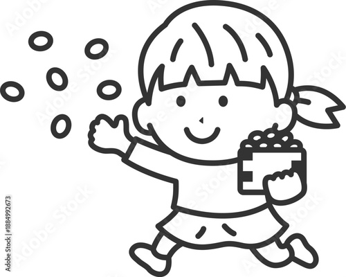 豆まきをする、女の子のアイコン（線画）のイラスト