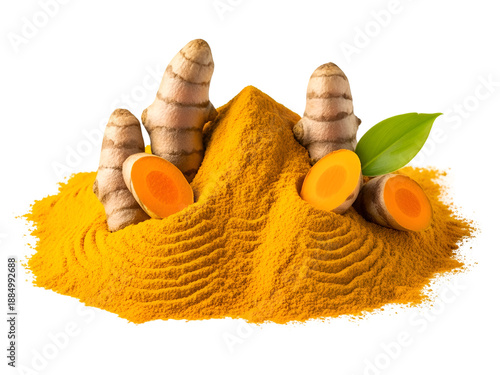 Turmeric Roots, Powder, and Slices On White Background, Isolated on Transparent Background 