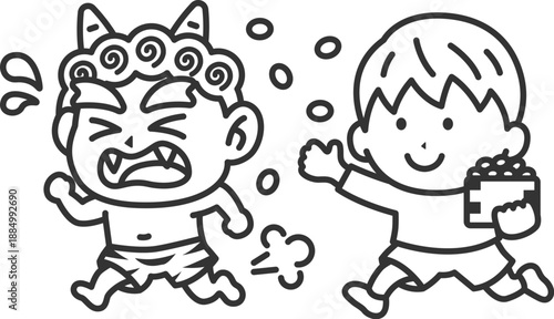 赤鬼を対峙する、男の子のアイコン（線画）のイラスト