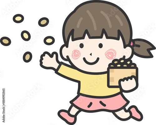 豆まきをする、女の子のアイコン（線画カラー）のイラスト