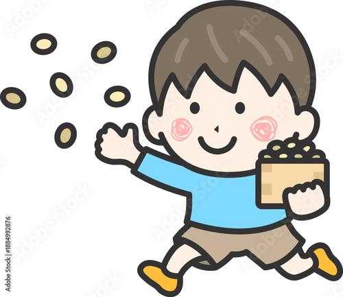 豆まきをする、男の子のアイコン（線画カラー）のイラスト