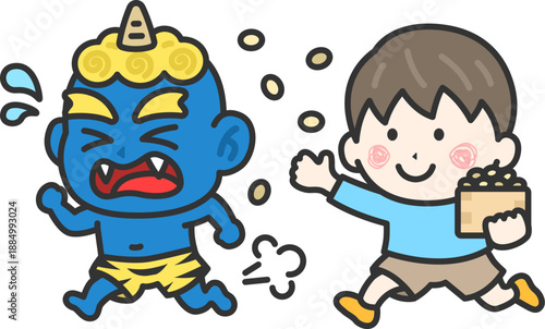 青鬼を対峙する、男の子のアイコン（線画カラー）のイラスト