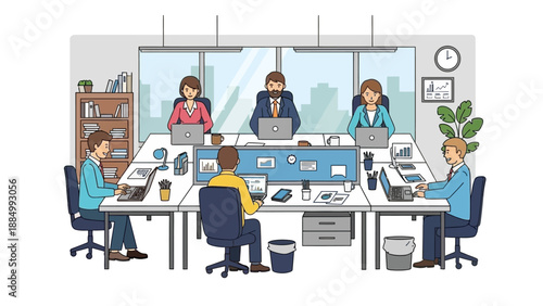 Office Workers at Workstations with Computers.