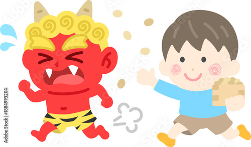 赤鬼を対峙する、男の子のアイコンのイラスト