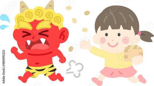 赤鬼を対峙する、女の子のアイコンのイラスト