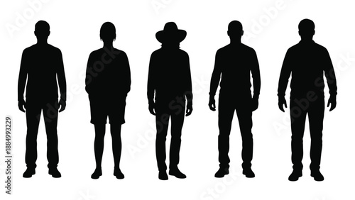 Silhouettes of five individuals isolated on white background, Vector