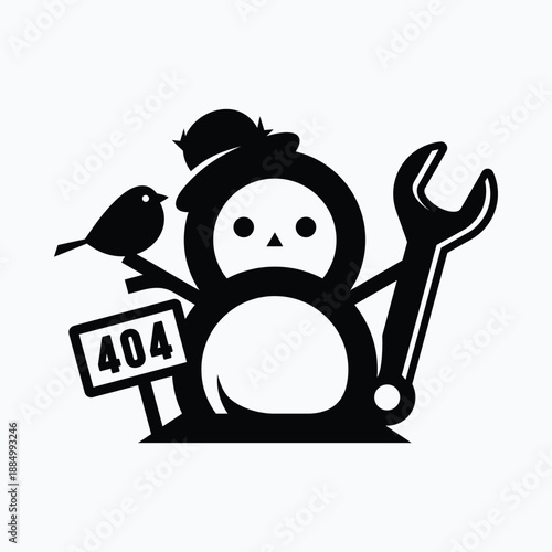 Snowman with wrench and bird. Page not found error 404. 
