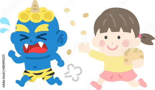 青鬼を対峙する、女の子のアイコンのイラスト