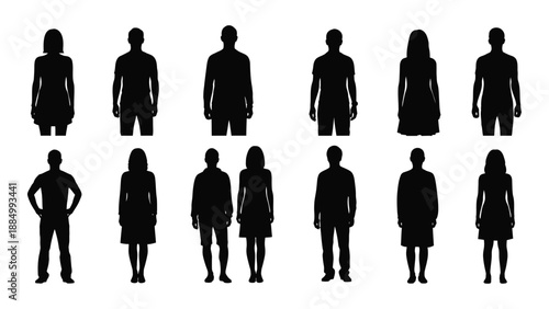 Silhouettes of people in various poses isolated on white background, Vector