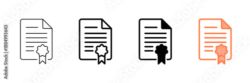 Set of minimalist certificate icons with transparent background, depicting official documents with seals for quality, guarantee, and achievement, vector illustration