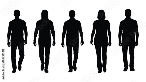 Silhouettes of five individuals walking isolated on white background, Vector