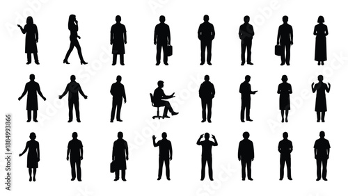 Diverse group of silhouetted people isolated on white background, Vector