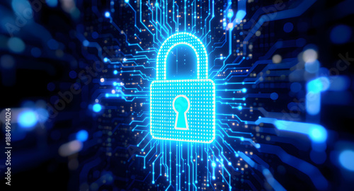 Wallpaper Mural Glowing blue digital padlock secured on abstract circuit board background symbolizing advanced cybersecurity and network data encryption Torontodigital.ca