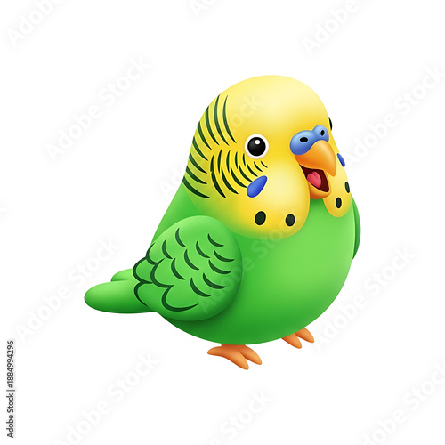 Cute 3D budgie parakeet with yellow head and green body on transparent background, colorful cartoon bird illustration