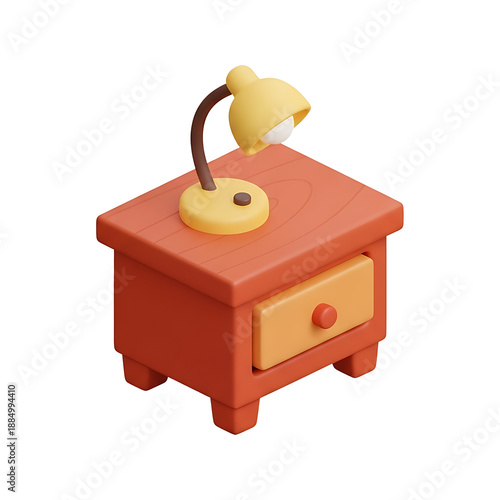 Cute 3D nightstand with yellow desk lamp on transparent background, colorful bedroom furniture illustration for interior
