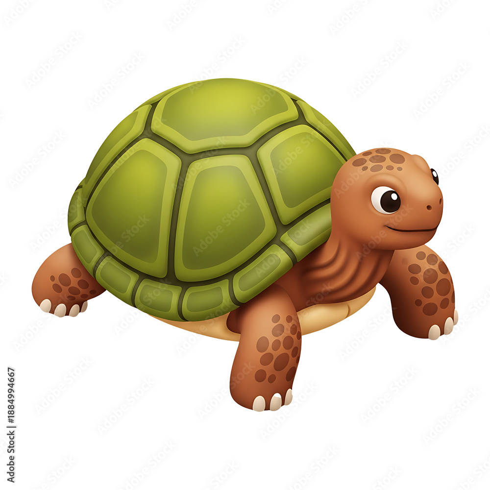 Obraz premium Cute 3D cartoon tortoise with green shell on transparent background, friendly reptile character illustration for design