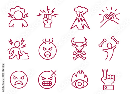 A set of maroon line icons illustrating various expressions and symbols of anger and frustration on white