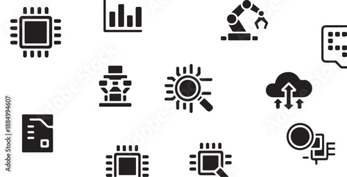 Technology icons including computer chip robot arm cloud database and chart