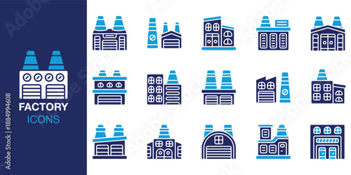 Factory Icon set. Containing assembly, machinery, automation, robotic, conveyor and more. Solid vector icons collection. Vector illustration.