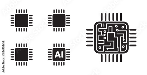 Set of computer chip icons representing technology and artificial intelligence on white background