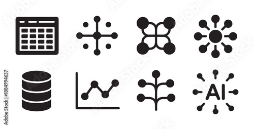 Calendar data analysis AI and network connection icons for technology themes