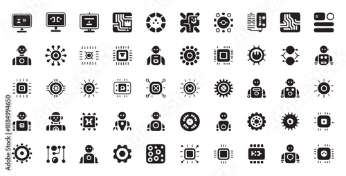 Abstract technology and AI concept icons with robots processors and networks