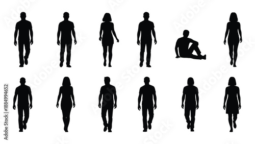 Silhouettes of people in various poses isolated on white background, Vector