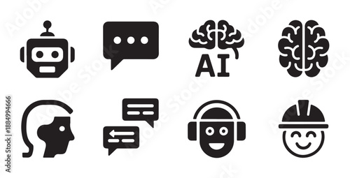 Artificial intelligence icons set with robot head chatbot and brain vector symbol elements