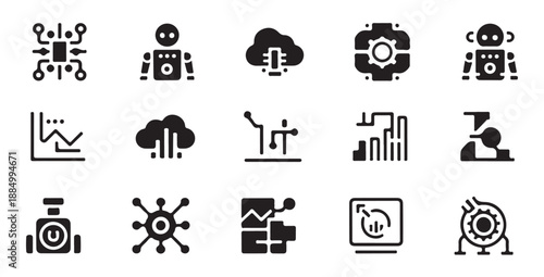 Robotics and automation icons showing industrial robots and smart manufacturing technology