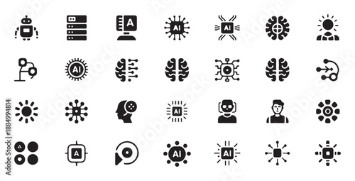 Robotic engineering and digital brain computing icons for data science and tech interfaces