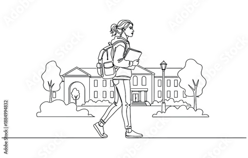 one continuous line drawing of female college student. woman standing with bag and books.