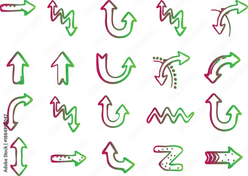 Obraz premium A creative vector collection featuring a seamless pattern of 3d alphabet letters and a decorative set of arrow icons designed with a colorful doodle sketch art style