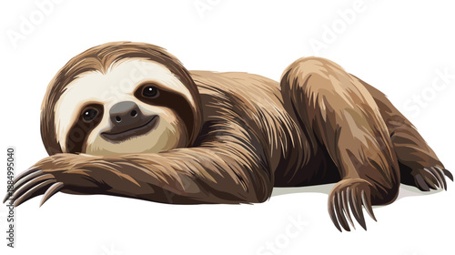 Smiling Sloth Lying Down on White.
