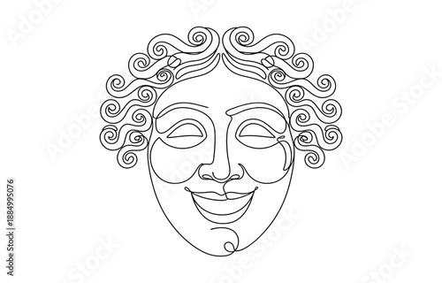 Greek mask, one line drawing, opera event symbols, continuous hand drawing.