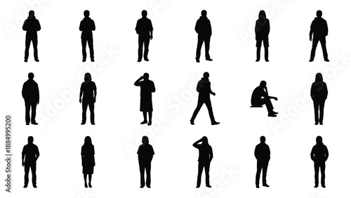 Collection of silhouetted human figures isolated on white background, Vector