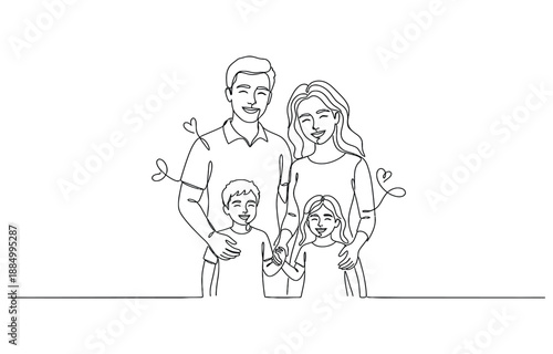 One continuous line drawing small happy family.