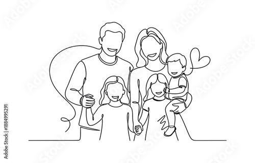 One continuous line drawing small happy family.