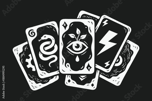Stylized Occult Tarot Cards Featuring Esoteric Symbols: Snake, Eye, Lightning, and Gear