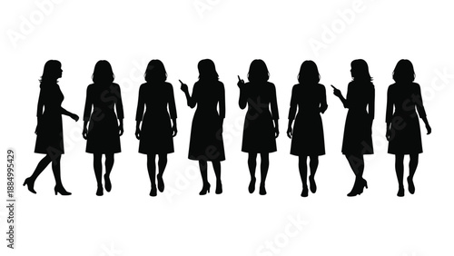 Silhouettes of women in various poses isolated on white background, Vector