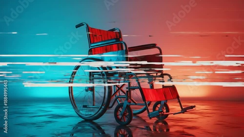 Red and Blue Lit Wheelchair with Pixelation Glitch Artifacts on Reflective Surface a Conceptually Rich Image for Abstract Themes